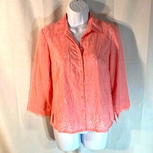 61-12 JH Collectibles pink burnout floral scroll 3/4 sleeves button up top PM